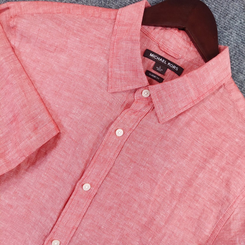 Michael Kors Button Down Shirt Men Large Coral Short Sleeve Linen Cotton Classic